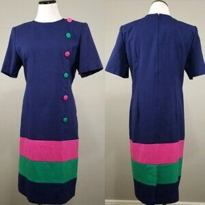 Vintage 80s Mod Secretary Dress 12P Womens Blue Pink Green Willow Ridge Sheath